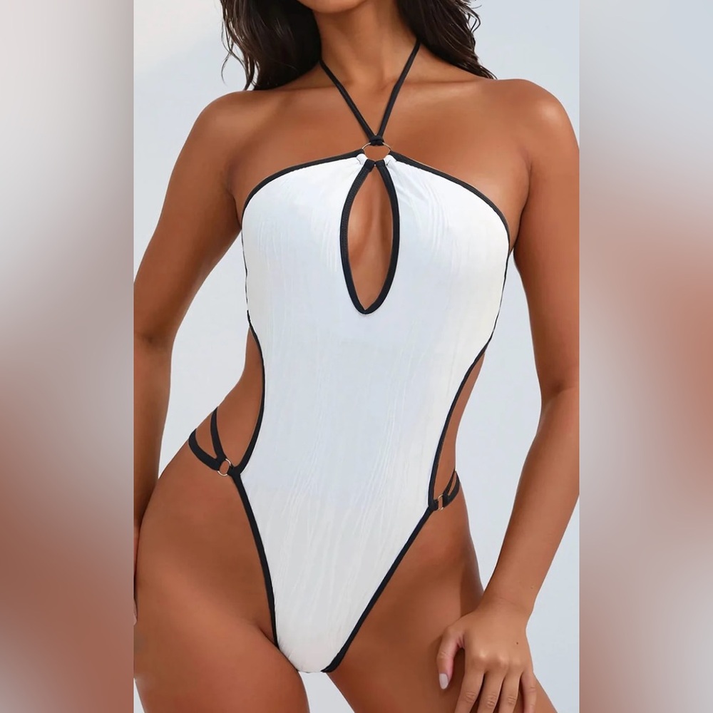 Fashion Nova White and Black Halter Swimsuit